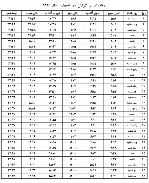اوقات شرعی اسفند ماه ۹۶ به افق گرگان