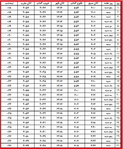 اوقات شرعی تیرماه به افق رشت