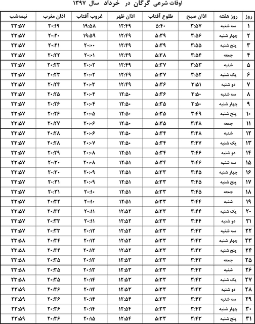 اوقات شرعی خرداد ماه ۹۷ به افق گرگان