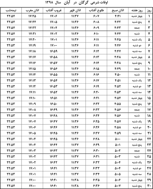 اوقات شرعی آبان ماه به افق گرگان